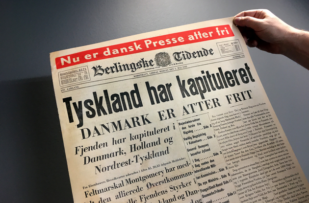 Front page of the newspaper Berlingske Tidende. The message of liberation May 1945