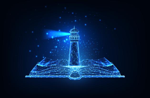 Digital illustration of book with lighthouse